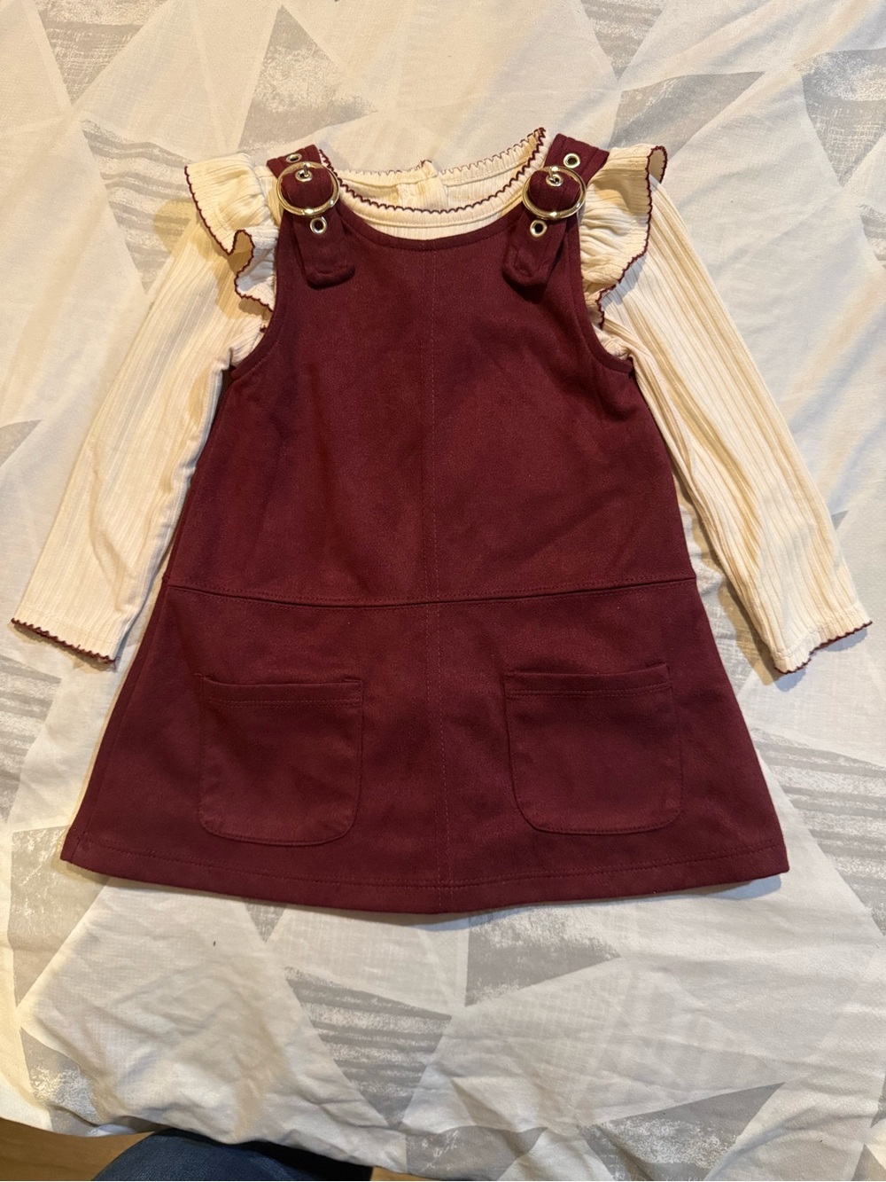 Tahari Burgundy Corduroy Pinafore with Cream Ruffle-Trim Top